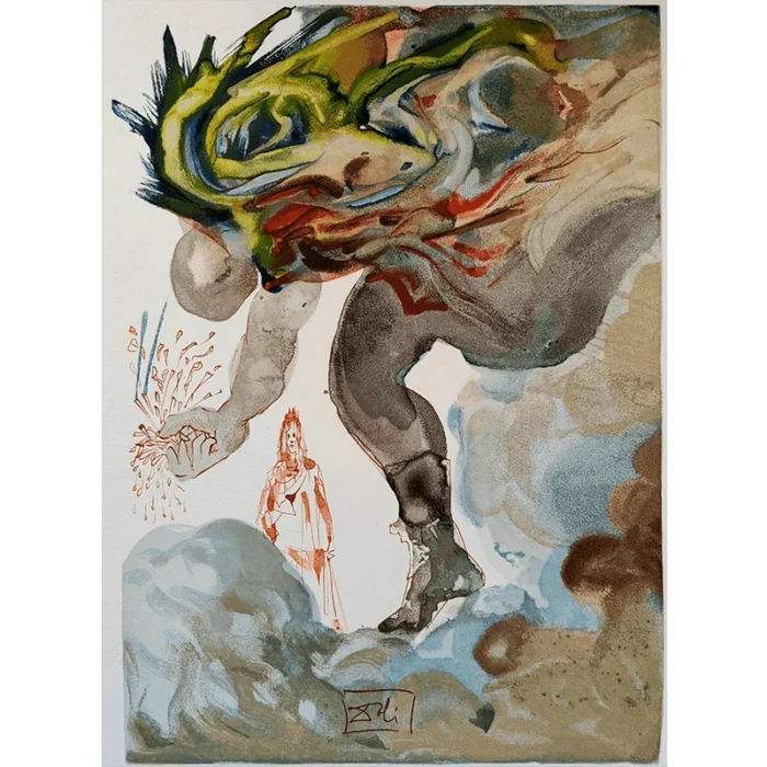Salvador Dalí. La Divina Comedia. Xilografía a color Les Géants.